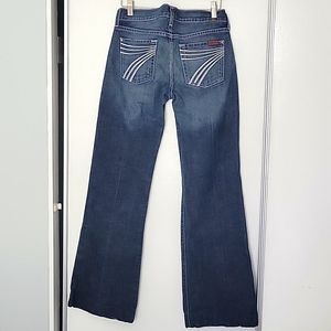 7 for all mankind womans 26x30 flare blue jeans, white stitch  pocket dojo